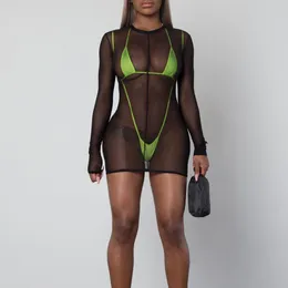 BKLD Neon Green Fishnet 3 Three Pieces Sets Women Clothes Long Sleeve Cover Up Dress+Crop Top+Shorts Bandage Sexy Club Outfits T200702