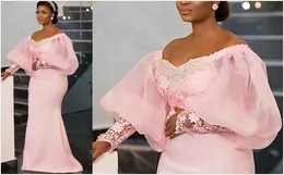 2020 Arabic Aso Ebi Pink Lace Beaded Evening Dresses Mermaid Long Sleeves Prom Dresses Sexy Formal Party Second Reception Gowns ZJ950
