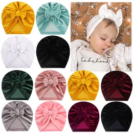 Sammet barn nyfödda baby tjejer hatt baby indisk twist bow bonnet chemo turban cap beanie hatt huvud halsduk wrap