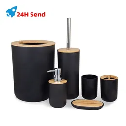 Acessórios do banheiro Conjunto de 6 peças Quarro de Bambu Toothbrush Holder Soap Dispenser Pincel Toilet Trash Lata de lixo 211222