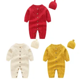 Baby Clothes Beige Twist Knitted Infant Girls Jumpsuit Baby Boy Romper Caps 2PCS Set Winter Warm Newborn Sweater Outfit 3 Colors BT4595