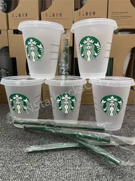 24OZ/710ml Starbucks Rainbow Plastic Tumbler Reusable Clear Drinking Flat Bottom Cup Pillar Shape Lid Straw Mug Bardian