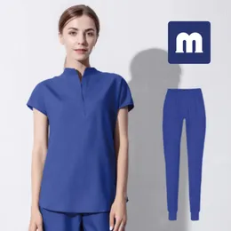 Medigo 022 スタイル女性スクラブトップス + パンツ男性病院制服手術スクラブシャツ半袖看護制服ペットグレーの解剖学ドクター作業服