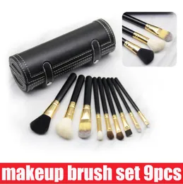 Hot m 9 st Makeup Brushes Set Kit Resor Skönhet Professionell Trähandtag Fundament Läppar Kosmetik Makeup Brush med hållare Cup Case