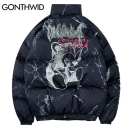 Gonthwid Cotton 패딩 두꺼운 파카 재킷 Streetwear 힙합 낙서 곰 인쇄 지퍼 겨울 코트 망 패션 캐주얼 탑 201119