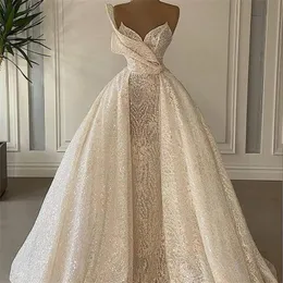 Sweetheart A Line Bröllopsklänning Ärmlös Sequin Lace Applique Robe de Mariage Handgjorda Glitter Vintage Vestido de Novia
