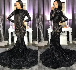 Black Sequins Applique Evening Dresses Sparkly Long Sleeve High Neck African Aso Ebi Mermaid Fishtail Prom Reception Second Birthday Gown