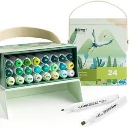 Arrtx ALP Green Tone 24 colori pennarello alcol pennarelli a doppia punta pennarelli perfetti per dipingere alberi, erba, foglie, foreste, piante 201211