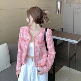 Novo design feminino decote oco manga longa cor de rosa lurex patchwork padrão xadrez casaco de lã de tweed de seio único casacos curtos