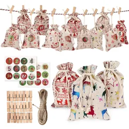 24 Days Christmas Burlap Hanging Advent Calendars Candy Gift Bags Sacks DIY Xmas Countdown Decorations JK2011XB