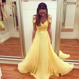 Cheap Simple New Elegant Light Yellow Chiffon A Line Prom Dresses Spaghetti Straps Off Shoulder Formal Dress Evening Party Gowns Vestidos