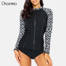 Charmo Women Long Sleeve 지퍼 Rashguard Shirt Swimsuit Floral Print Swimwear 서핑 Top Rash Guard UPF50 + UV 보호 정장 T200708