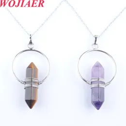 Wojiaer Natural Crystal Gem Stone Hexagonal Pelar Pendant Necklace Amethysts Tigers Eye Winding Women Jewelry DBO908