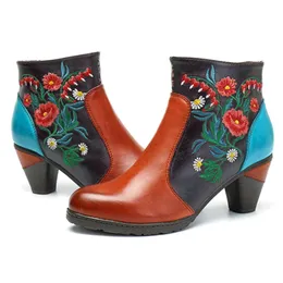 Hot Sale-Socofy Retro Embroidery Flower Ankle Boots Women Shoes Genuine Leather Zipper Casual Shoes Woman Designer Boots Botas Mujer New