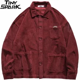 Mens hip hop streetwear jacka vintage retro corduroy jacka kappa höstknapp lös bomber jacka fickor bomull röd blå 201111