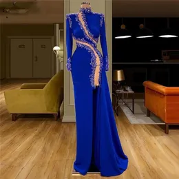 High Neck Long Sleeves Formal Evening Dress Beads Lace Prom Party Gowns Side Split Satin Robes De Soirée