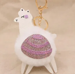 Alpaca Pom Keyring Sequins Leather Key Chain Fake Fur Keychain Söt tecknad djurnyckelring för bilväska Key Ring Present Zyy245