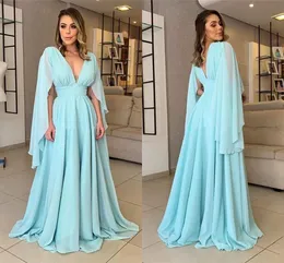 Eleganta Sexiga Flutter Ärmar En Linje Evening Klänningar Deep V Neck Lång Ärmar Chiffon Platser Formell Klänning Kväll Party Gowns Vestidos