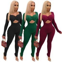 Kvinnor långärmad solid färg jumpsuits casual velor rompers sexiga ihåliga ut mager bodysuits faller vinter overaller svarta leggings dhl 4446