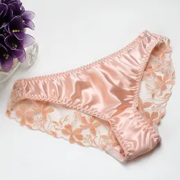 1pc 100% Silk Kvinnors Sexiga Lace Underkläder Briefs Underkläder Panties M L XL MS012 201112