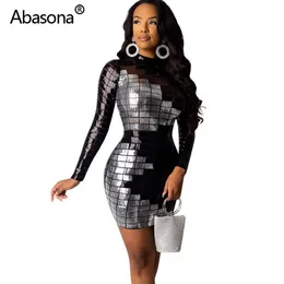 Abasona Cekinowa Bodycon Party Dresses Sexy Night Club Lato Kobiety 2021 Pełna rękaw Tight Mini Dress Sheer Sheer Mesh Black F1130