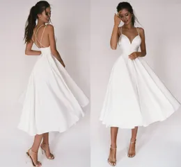 Сексуальное короткое свадебное платье 2021, тонкие бретели, перекрещивающиеся, простые атласные свадебные платья с V-образным вырезом, трапециевидное платье для невесты Vestidos De Noiva169b