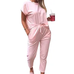 女性のためのヴィカボオネックカジュアルセット夏のトップスとズボンを設定レディースポケット快適なラウンジウェア衣装T200603