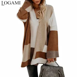 Logami Geometric Splice Cardigan Mulheres Outono Inverno Solto Cardigans Womens Suéteres Long Casaco 201221
