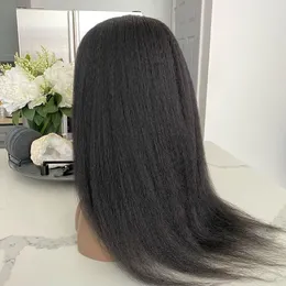 Yaki Kinky Straight T Part Wig Brazilian 4x4 Lace Closure Wigs Virgin Human Hair Plocked With Baby Hair Remy 150% Täthet för kvinnor