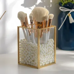 Kosmetisk Box Golden Desktop Läppstift Finishing Glas Smycken Klassificering Lagring Makeup Brush Organizer Q1130