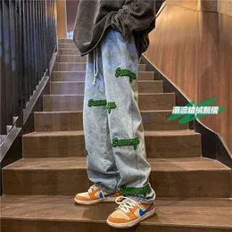 Pantalones vaqueros con bordado flocado para hombre ropa de calle coreana Jeans rectos cintura elstica Hip Hop otoo e invierno 0214
