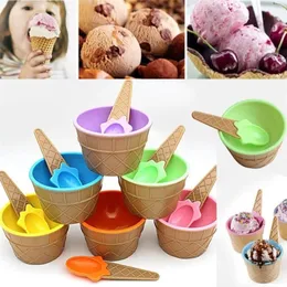 2 sztuk / zestaw Cute dzieci Baby Candy Color Lody Bowls Cup Bowl Desery Desery Ices Creams Bowl Ze Spoon Children Naczynia