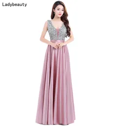 Ladybeauty New V-Neck Beads Bodice Open Back A Line Long Evening Dress Party Elegant Vestido De Festa Fast Shipping Prom Gown LJ201124