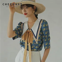 Cheerart vintage blus sommar topp blå krage skjorta kvinnor lös blus stor krage designer damer slips topp koreanska mode lj200811