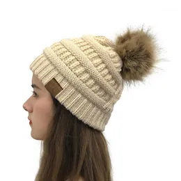 Gorro/caveira chapéu de inverno para mulheres malha de lã Slouchy gaiol grossa folgada com pompom de pele falsa