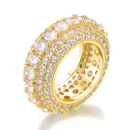 Hip Hop 5 Row Tennis Iced Out Bling Full CZ Charm Hollow Tready Copper Cubic Zircon Ring For Men Jewelry Gold Size 8-11