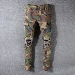 American Streetwear moda męska dżinsy kamuflaż wojskowy duża kieszeń Denim Cargo spodnie zgrywanie Slim Fit Hip Hop Jean