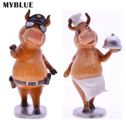 MYBLUE Kawaii 2021 Year Bull Resin Policeman Chef Zodiac Cattle Statue Nordic Home Room Decoration Accessories Modern 201212