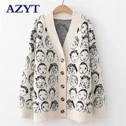 AZYT Autumn Winter Comic V neck Cardigan Female Jacket Knitwear Sweater Coat Casual Knit Jacket Sweater For Women 211221