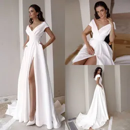 Boho ogród liniowe suknie ślubne proste satynowe na ramię seksowna wysoka dzielona plaża skromne sukienki ślubne zamiatanie pociąg vestidos de novia niestandardowa moda Al7705