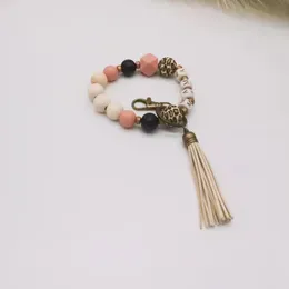 Cross-border Beaded Wooden Bead Keychain Fashion Personality Korean Velvet Tassel Bracelet Keyring Wholesale