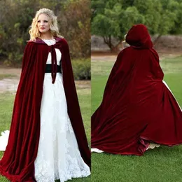 Velvet Wedding Jackets 2022 Vintage Hooded Cloak Capes Dark Red Women Long Bridal Coat Chaqueta Party Accessories Retro Fairy Fantasy Medieval Gothic Green Wraps