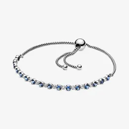 Mavi ve Temizle Sparkle Slider Link Bilezik 100% 925 Ayar Gümüş Ayarlanabilir Kübik Zirkonya Zincir Kadınlar Için Moda Düğün Nişan Takı Aksesuarları