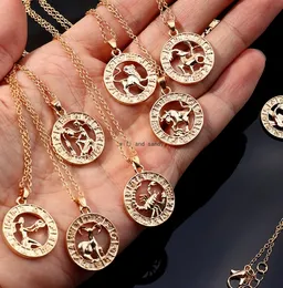 12 Zodiac Sign Necklace Coin GLD Chain Aries Oxen hängsmycken Charm Star Sign Choker Astrology Halsband för kvinnor Fashion Jewelry Will och Sandy