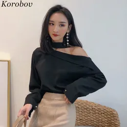 2019 New Arrival Skew Collor Sexy Off Ramię Mujer Bluzka Slim Casual Koszule Lato Moda Blusas T200321