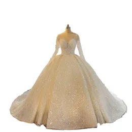 2022 Sparkling Sequined A Line Bröllopsklänningar Bröllopklänningar Sheer Jewel Neck Appliqued Sequins Långärmad Snörning Bollklänning Anpassad Made Abiti Da Sposa