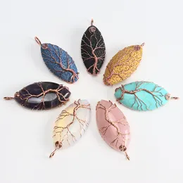 Oval Natursten Healing Crystal Tree of Life Charms Waterdrop Pendants Rose Quartz Wire Wrapped Trendy Smycken Göra Halsband Partihandel