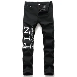 American Street Style Moda Mężczyźni Dżinsy Czarny Slim Fit Designer Drukowane Jeans Mężczyźni Stretch Punk Spodnie Hip Hop Caurs Homme