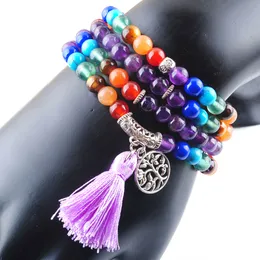 Wojiaer 108 Meditation Multi-Layer Long Strands Armband 7 Chakra Yoga Natural Round Amethyst Mala Pärlor Livet Träd Tassel Smycken K3206