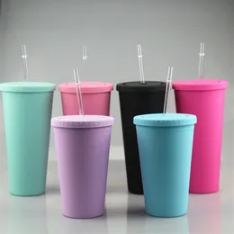 16oz matt akryl tumblers med färgglada lock färgglada strånar kort fett plast sport vatten flaskor dubbel vägg dricksvatten koppar a12